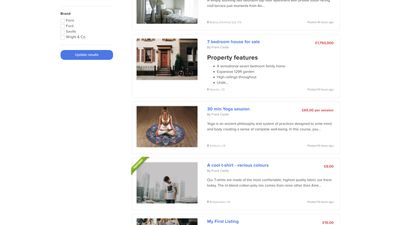 Marketplace items, services in a list format