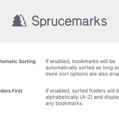 The Sprucemarks logo and two options. Automatic Sorting and Folders First.
