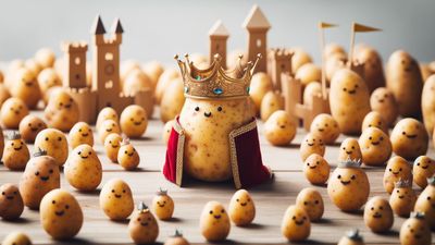 Tiny potato kings wearing majestic crowns, sitting on thrones, overseeing their vast potato kingdom filled with potato subjects and potato castles.