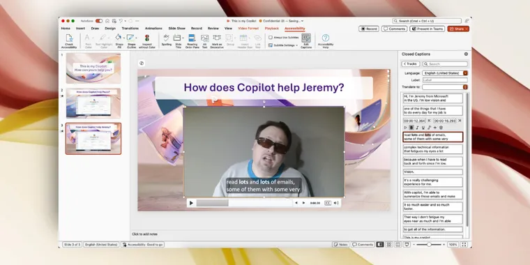 PowerPoint for Mac: new feature adds auto-captions to videos with speech recognition image