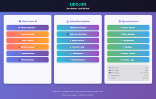 The dashboard gives you a clean, modular control center for all AI features. You can launch local LLM chat, image, video and music generation, plus the RPG mode, each in its own panel with clear buttons and status indicators. Models load on demand, everything runs offline, and system activity is always visible