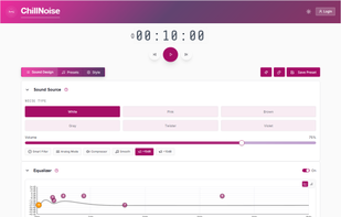 ChillNoise homepage, with play button, equalizer, filters, and modulators