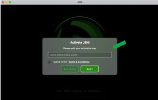 MAC version step 1: On first launch JENI shows Activation. Copy your license key from your order page or email. Paste it into the field. Check the Terms & Conditions box. Click Activate. Your JENI for Mac unlocks and is ready to use.