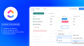 ClickUp enhances timesheet approvals, AI insights, column calculations & quotes blocks image