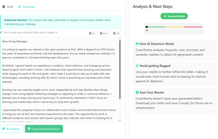 Our model gives detailed analysis on your cover letter's tone, grammar and vocabulary