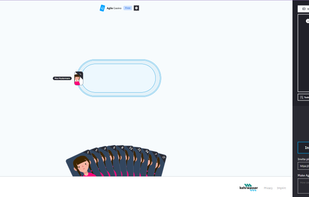 Inside the game room, players
sit around a table and vote with cards. On the right, you can see tasks, players, and AI tools. You can also invite others and give feedback. Easy