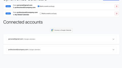 Example dashboard with two google accounts, and two synchronization rules