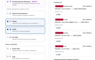 Detailed violation breakdown showing detected PII types, confidence scores, and framework-specific compliance analysis