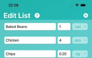 Screen with auto generated shopping list that you can edit