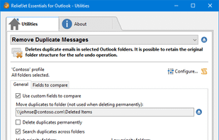 Remove Duplicate Messages. Deletes duplicate emails in selected Outlook folders. It is possible to retain the original folder structure for the safe undo operation.