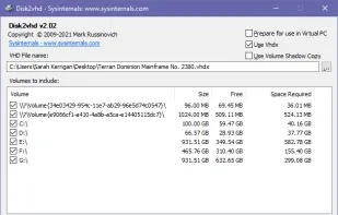 Disk2VHD 2.02, main window