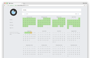 Searching for a given term will show yearly calendar with days marked containing term.
