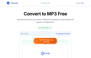 PrivAudio homepage showing the browser-based audio converter interface. Users can convert audio and video files (MP4, WEBM, MOV,
M4A, OGG, WAV) to MP3, M4A, WAV, or OGG formats. All processing happens locally in the browser using WebAssembly (files never leave your device).