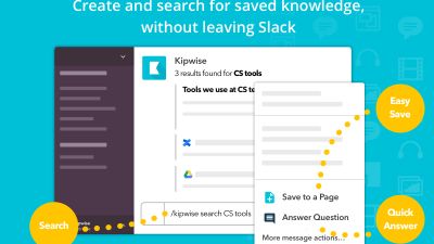 Turn important Slack messages into wiki docs easily using Slack Action. Handy search command to search for Kipwise Pages, and information from other integrated sources directly in Slack. Got questions with existing answers already? Provide a quick answer to your teammates with just a few clicks.