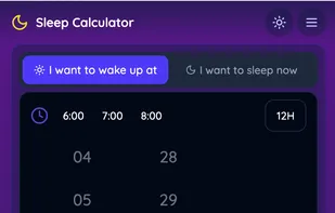 A dark-themed “Sleep Calculator” interface shows a wheel-style time picker. The user selects the time they want to wake up (tab highlighted in purple) and scrolls hours-minutes-AM/PM columns. A prominent purple button labeled “Calculate Bedtime” sits beneath the picker, with a note: “Based on 90-minute sleep cycles – It takes the average person 15 minutes to fall asleep.”