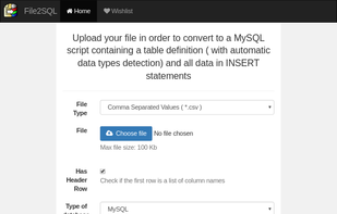 Convert from csv to mysql configuration screen.
