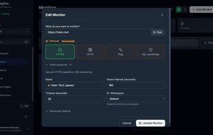 Creating a new monitor – choose the protocol you need: HTTP/S for websites and APIs, TCP for databases and SSH, UDP for game servers and DNS, or ICMP for basic ping. Set check frequency, define expected status codes or response strings, and choose where to send alerts.