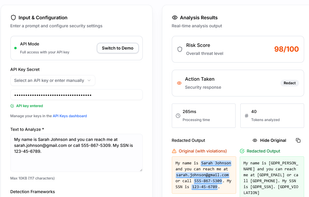 Live demo showing PII detection and redaction - name, email, phone, SSN automatically replaced with compliance-aware placeholders