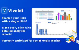 Vivoldi dashboard showing analytics reports, top clicks, and social media optimization features.