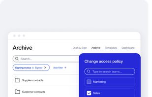 AI-assisted archive
Easily find all your contracts in the AI-assisted archive. Unlimited and secure storage for all of your contracts, with folder-level access control. Export easily with filters and metadata. Get automatic reminders for important contract milestones.
