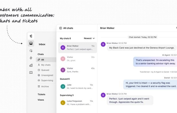 The unified Inbox keeps all customer conversations—live chats, tickets, and messages from channels like WhatsApp and Messenger—in one view. Agents can respond faster, collaborate internally, and track conversation history without switching tabs.