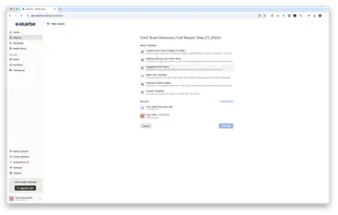Template selection screen for generating a report based on sales activities, offering options such as Prospect Insights, Meeting Minutes, Suggested Next Steps, and Sales Call Coaching.
