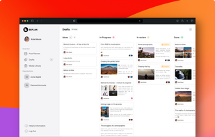 This screenshot shows the Beplan draft board, where creators manage their entire content pipeline. Ideas, works in progress, posts under review, and completed drafts are organized in a simple board layout. Each card shows the post preview, platforms, and status, giving creators a clear view of what is coming next and what is ready to schedule.