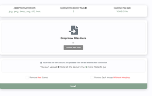 Drag and drop the images (JPG, PNG, HEIC, SVG, BMP, TIFF) or click “Choose New Files”.