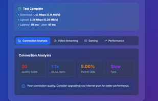 ScanPing analyzes internet speed and stability to recommend suitability for video streaming platforms such as YouTube, Netflix, and live streaming services. It helps users understand whether their connection supports SD, HD, Full HD, or 4K streaming without buffering.