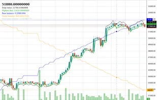 Chart visualizing the run of a simple dollar-cost-average bot with several metrics. Available USD (yellow), BTC balance (blue).
