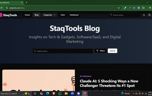 The StaqTools homepage showcasing its clean design and easy navigation, giving users instant access to free online tools, tech insights, and productivity resources.