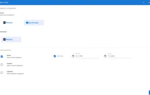 Workload & Filter Setup: The initial dashboard allows you to select the Source (Exchange) and Destination (Notes). Here, you can choose specific data workloads (Emails, Contacts, Calendars) to migrate and apply a Date Filter to only transfer data within a specific timeline.