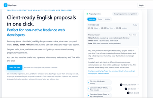 Landing page — generate client-ready English proposals for Upwork & Fiverr in ~1 minute.