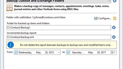 Backup Outlook and Exchange Folders. Makes a backup copy of messages, contacts, appointments, meetings, tasks, notes, journal entries and other Outlook items using MSG files.