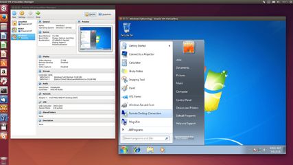 VirtualBox 5.0 for Linux. Within VirtualBox Windows 7 is running.