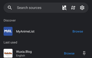 Sources view in "Browse" tab in LNReader.