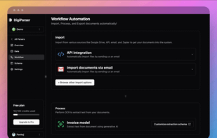 Streamline repetitive tasks by automating your document workflows. DigiParser integrates with your favorite tools, allowing you to set up end-to-end automation for document processing, approval, and data export.