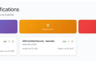 Manage Professional Certifications
Never miss a renewal. Track expiration dates, showcase credentials, and get alerts for certifications that need attention.