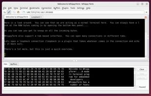 WhippyTerm showing text and a hexdump of incoming data.