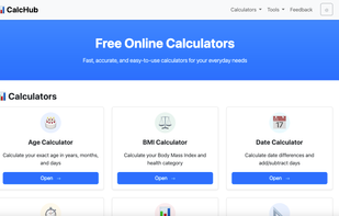 CalcHub - Home page showing the menu options and available calculators