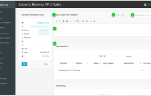 1. Call Mode makes it easy to get through sales calls.
2. Call from your computer (if you have telephony enabled) or access directly from your phone's browser.
3. Manually set the next date based on your conversation, or if you go to voicemail.
4. Skip a contact, for example if it's still too early on the West coast.
5. Enter your notes from the conversation. You'll be able to search them when creating proposals.
6. See past history with this contact, including Lead Magnets, proposals, and past conversations.