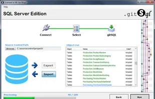 2. Select
Discover database objects
Select All, Schema Only, Data Only options

Import check box - for discovering database objects from source control