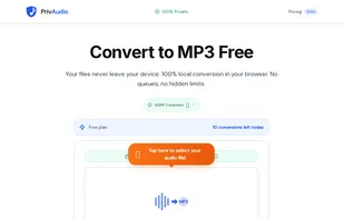 PrivAudio homepage showing the browser-based audio converter interface. Users can convert audio and video files (MP4, WEBM, MOV,
  M4A, OGG, WAV) to MP3, M4A, WAV, or OGG formats. All processing happens locally in the browser using WebAssembly (files never leave  your device).