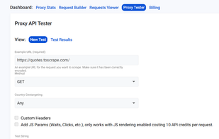 Proxy API Tester tool within ScrapeOps, which allows users to configure and test their scraping requests before deploying them
