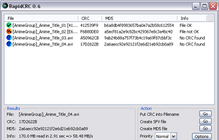 RapidCRC has finished a CRC and MD5 calculation. Additionally both CRC and MD5 columns are displayed.