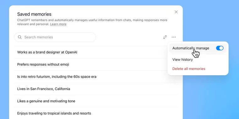 ChatGPT enhances memory management for Plus and Pro Users image