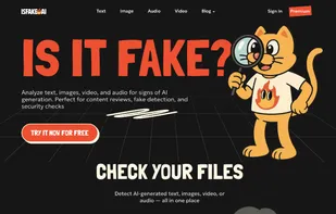 Landing page of isFake.ai showing the AI content detection interface for text, image, audio, and video.