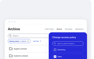AI-assisted archive
Easily find all your contracts in the AI-assisted archive. Unlimited and secure storage for all of your contracts, with folder-level access control. Export easily with filters and metadata. Get automatic reminders for important contract milestones.