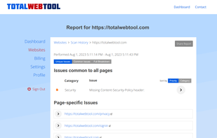 Detailed scan report to view items that need addressing.