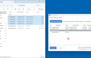Text to speech conversion in progress after text files are dragged from the file manager into the converter window.